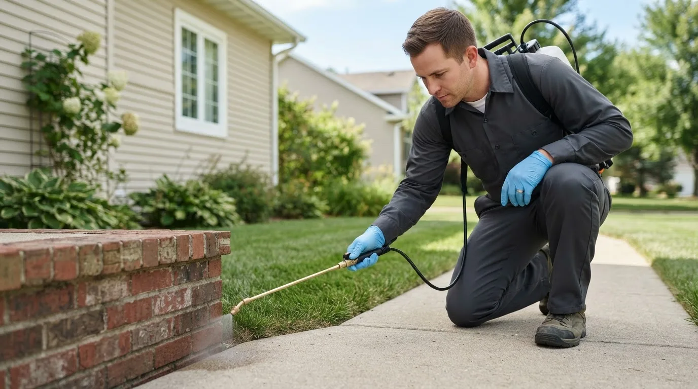Pest control technician treating a home near Lemon Springs, NC